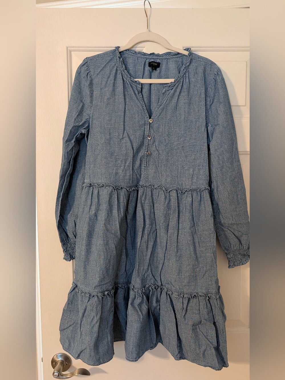 J. Crew Light Blue Chambray Tiered Long-Sleeve Dress